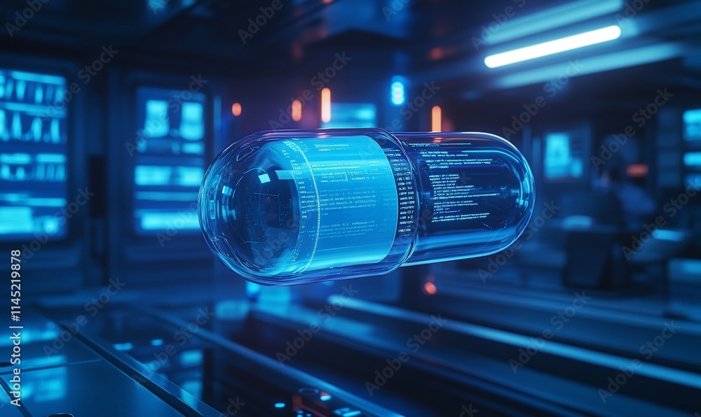 Poster a futuristic capsule displaying digital data in a high-tech environment.
