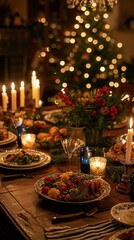Festive dining table adorned with candles and holiday decor during a Christmas celebration