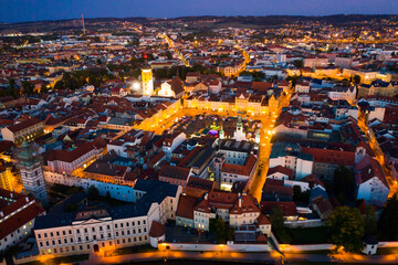 Night aerial view of historic centre of Ceske Budejovice. Czech Republic