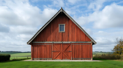 Obraz premium Vermont Timber Barn with red wooden walls and rolling green pastures, classic American countryside