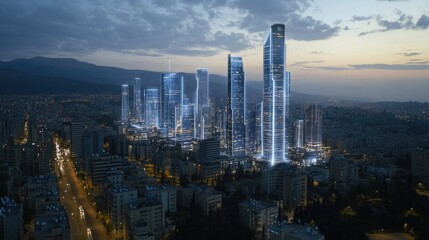 Fototapeta premium City skyline illuminated by lights at night, representing a dynamic network connection and technological advancement in urban life