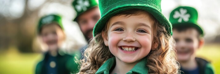 Fototapeta premium Happy Irish children dressed in green and wearing festive hat celebration during St. Patrick’s Day parade, outdoor festival