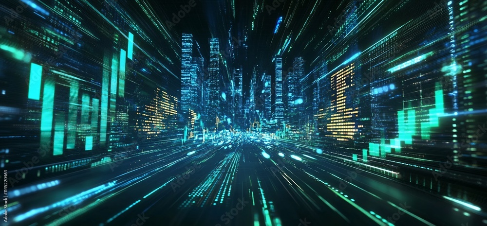 Poster a futuristic cityscape with dynamic light trails representing data flow.