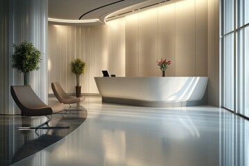 Luxurious curved reception desk with soft lighting, modern furniture, and indoor greenery in a serene space