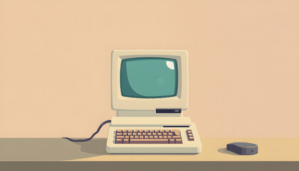 Fototapeta premium Vintage personal computer on a desktop, pixel art, with white tones