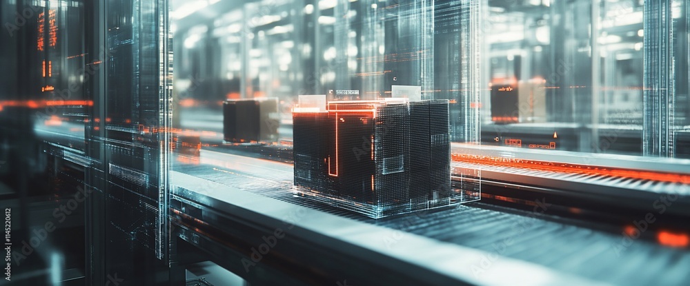 Poster a futuristic conveyor system transporting packages in a high-tech environment.
