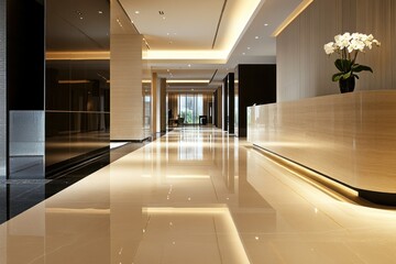 Reception desk with a minimalist design in a well-lit corporate interior featuring modern finishes and polished marble flooring