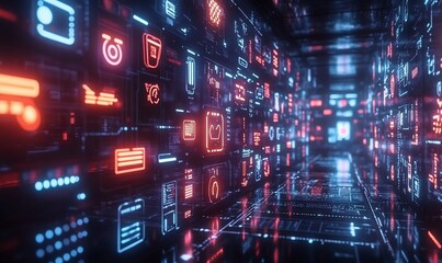 Obraz premium A futuristic digital corridor filled with glowing icons and data streams.