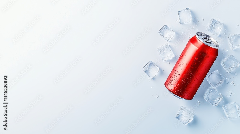 Poster a cold soda can lying horizontally with ice cubes surrounding it, refreshing and modern on a clean w