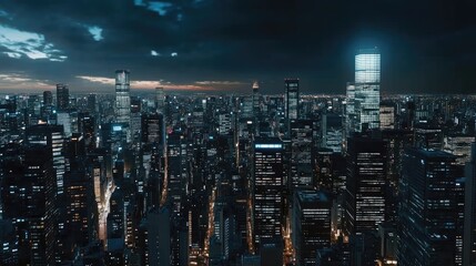 Obraz premium City skyline illuminated by lights at night, representing a dynamic network connection and technological advancement in urban life