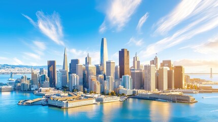 A close-up of San Franciscos Financial District skyline, showcasing sleek skyscrapers against a bright blue sky