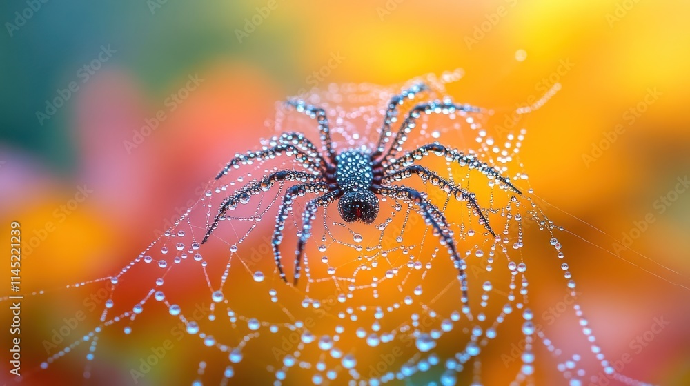 Poster a close-up of a spider on its web adorned with dew drops against a colorful background.