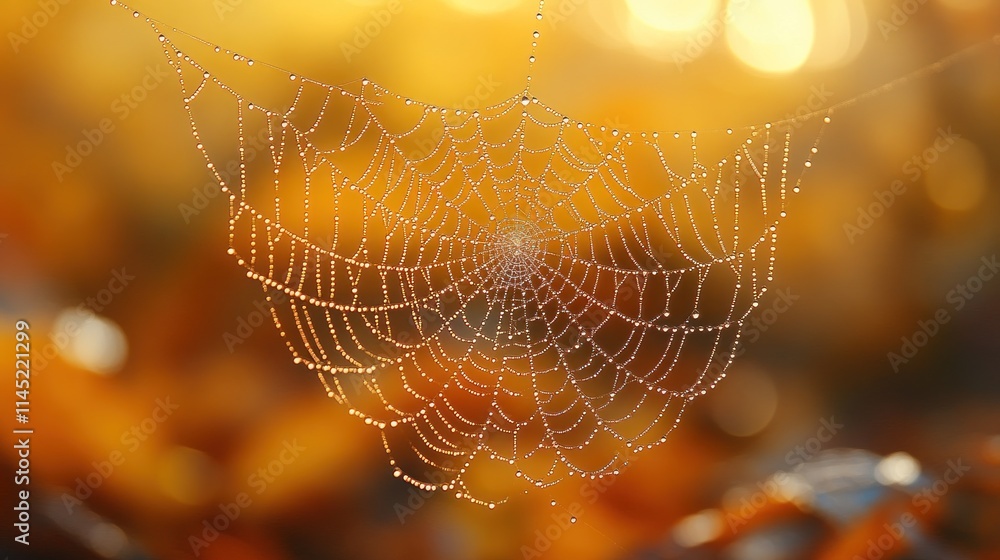 Poster a close-up of a spider web adorned with dew drops, set against a blurred autumn background.