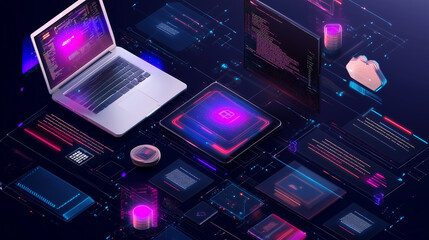 Digital workspace showcasing modern technology and vibrant data visualization elements