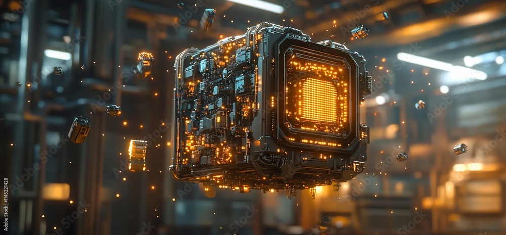 Poster a futuristic glowing cube with intricate circuitry, floating in a tech environment.
