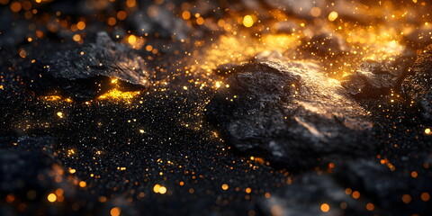 Gold nuggets and stones lying on black background, geological texture.