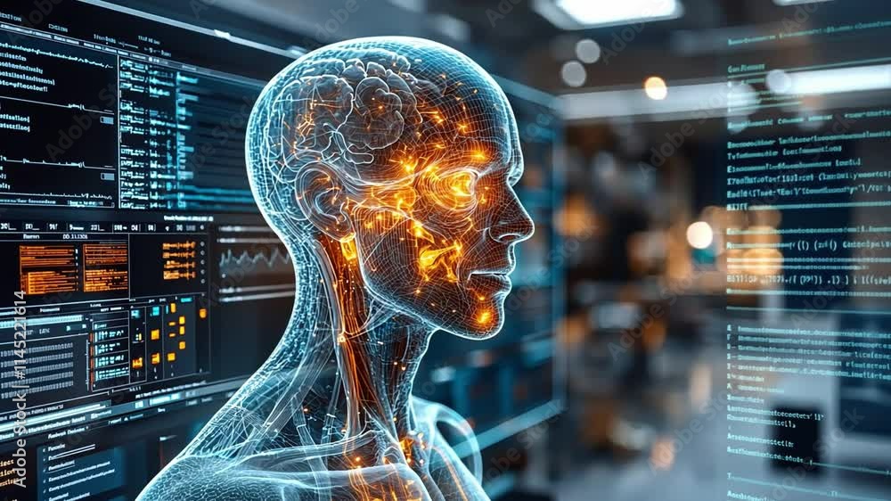 Poster visual representation of a digital human brain with neural connections and glowing elements