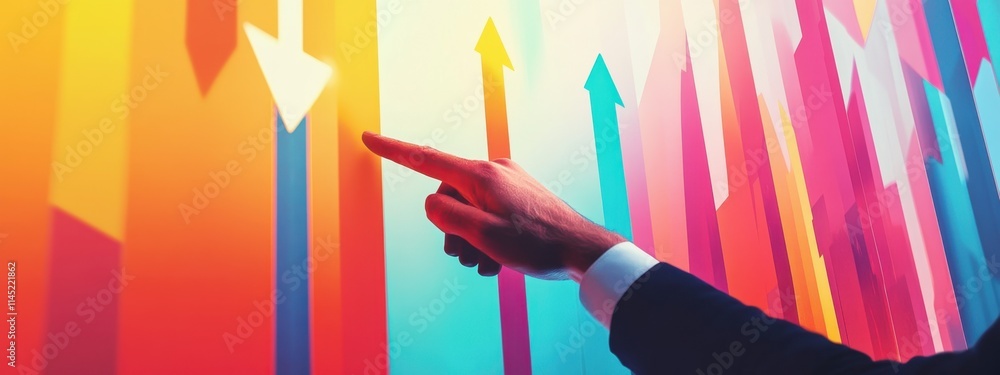 Poster businessman touching upward arrows on a virtual screen, a business growth concept with an arrow-up g
