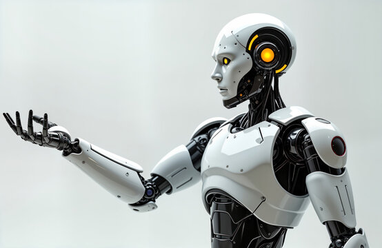 Futuristic robot presenting something. Stylish tech design. Mechanical arm extends. White, black body. Modern robotic figure. Innovation in tech. Advanced automation. Robotic hand. AI future.