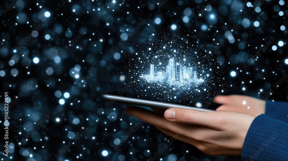 Poster experience the fusion of technology and urban development with a digital tablet displaying a virtual