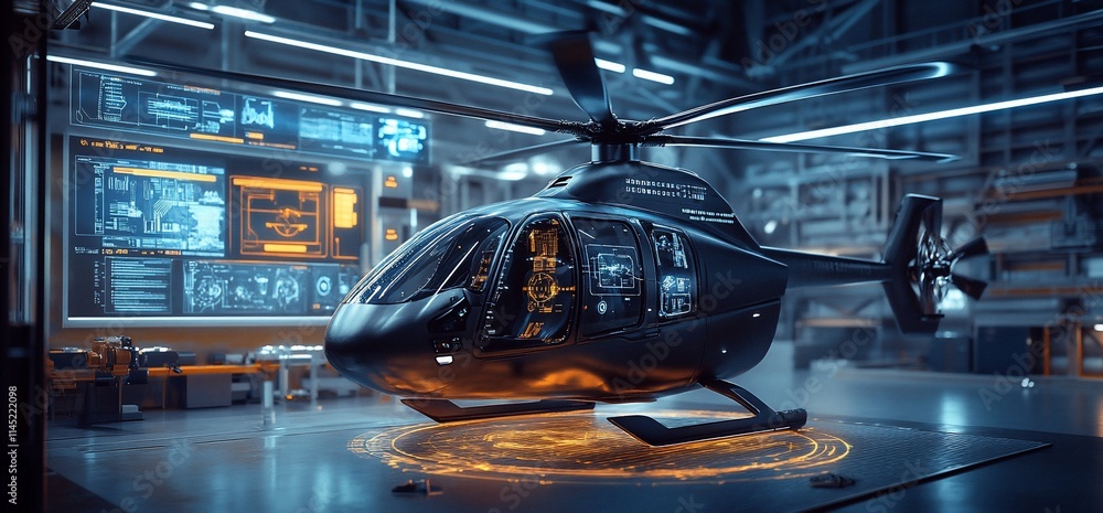 Poster a futuristic helicopter displayed in a high-tech hangar with digital interfaces.
