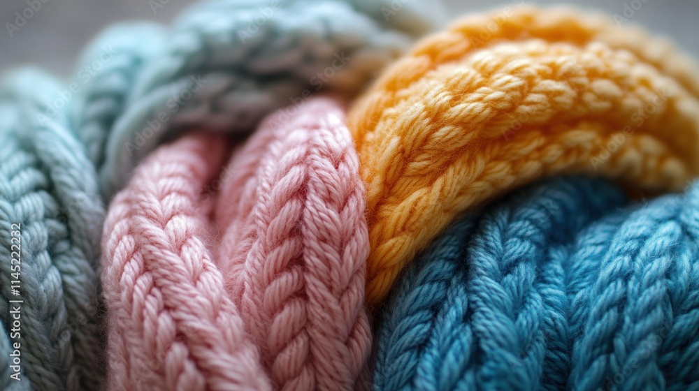 Poster A close-up of colorful knitted yarns arranged in a spiral pattern.