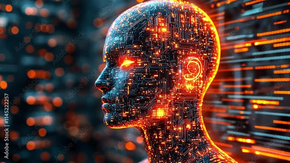 Poster futuristic digital humanoid with glowing circuits showcases advanced artificial intelligence design