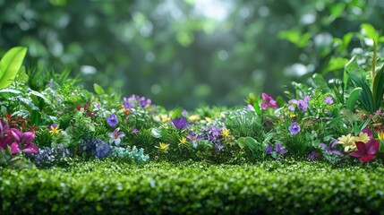 Obraz premium Vibrant spring wildflowers blooming on a lush green mossy ground with a soft-focus forest bokeh background.