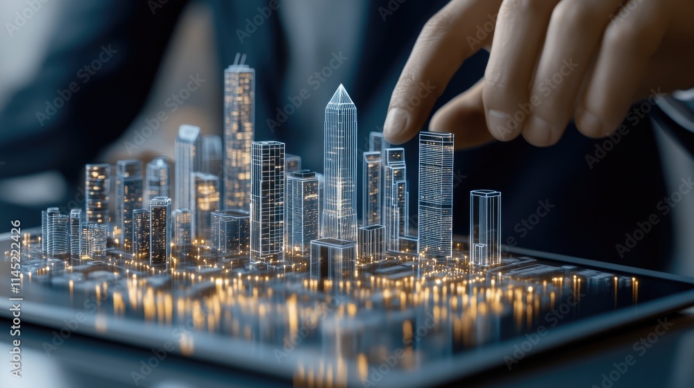 Poster experience the fusion of technology and urban development with a digital tablet displaying a virtual