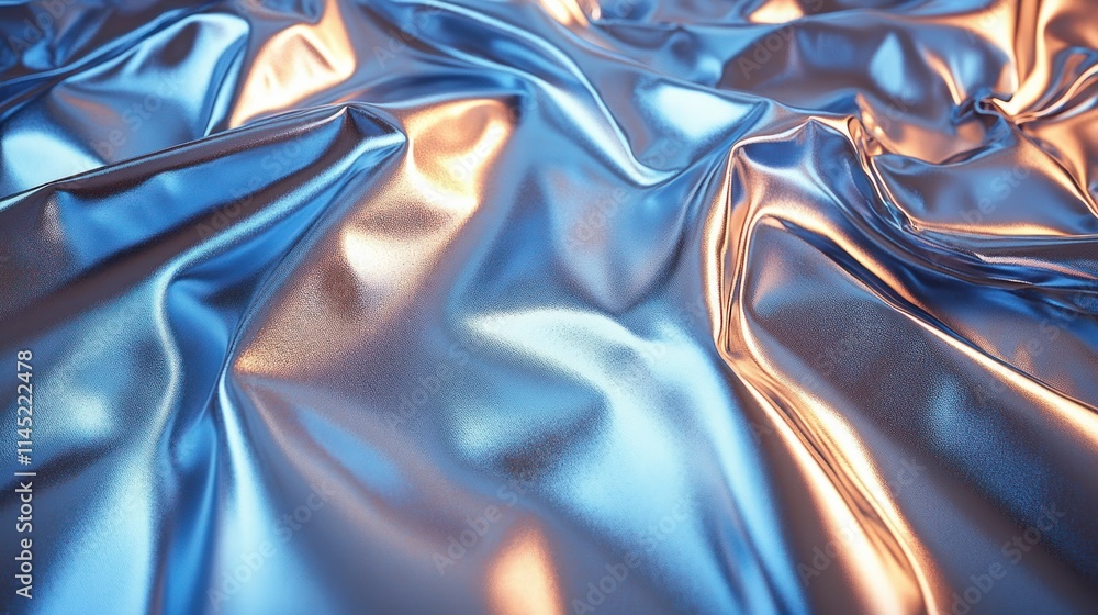 Poster a close-up of crumpled metallic fabric with blue and copper hues, creating a dynamic visual texture.