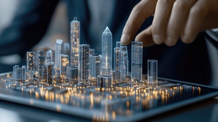 Experience the fusion of technology and urban development with a digital tablet displaying a virtual city hologram alongside social network icons