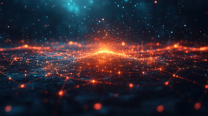 Fototapeta premium Visual representation of a digital landscape with glowing nodes and connections at night