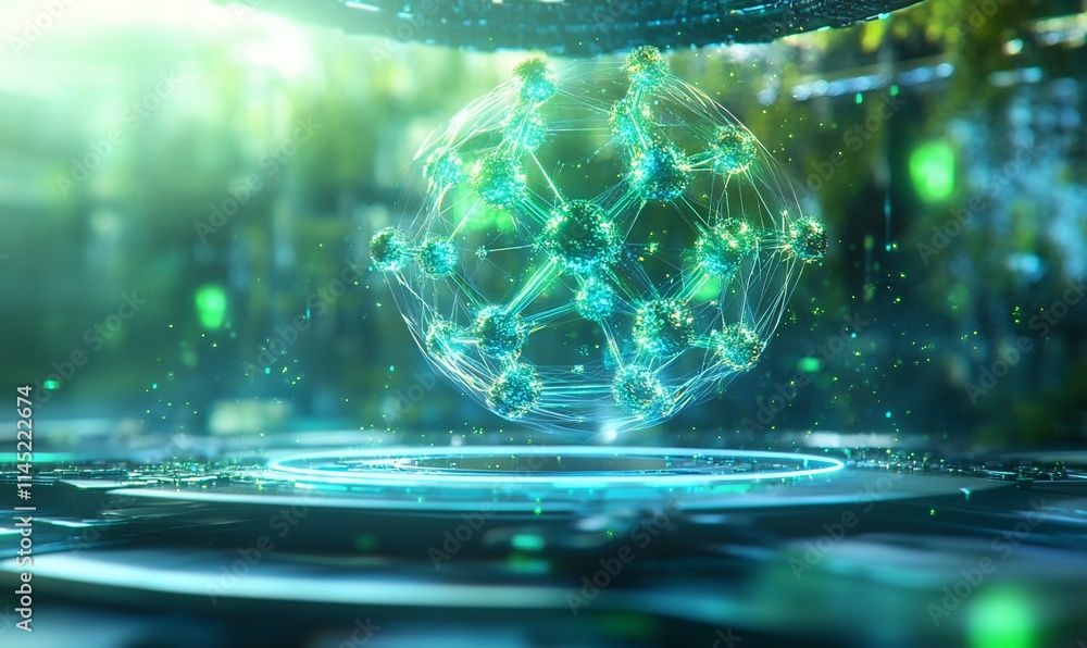 Poster a futuristic representation of molecular structures in a digital environment.