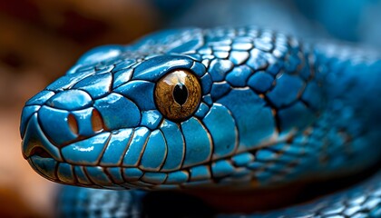 Fototapeta premium Close-up of the snake's head in bright blue color, accentuating its detailed scales.