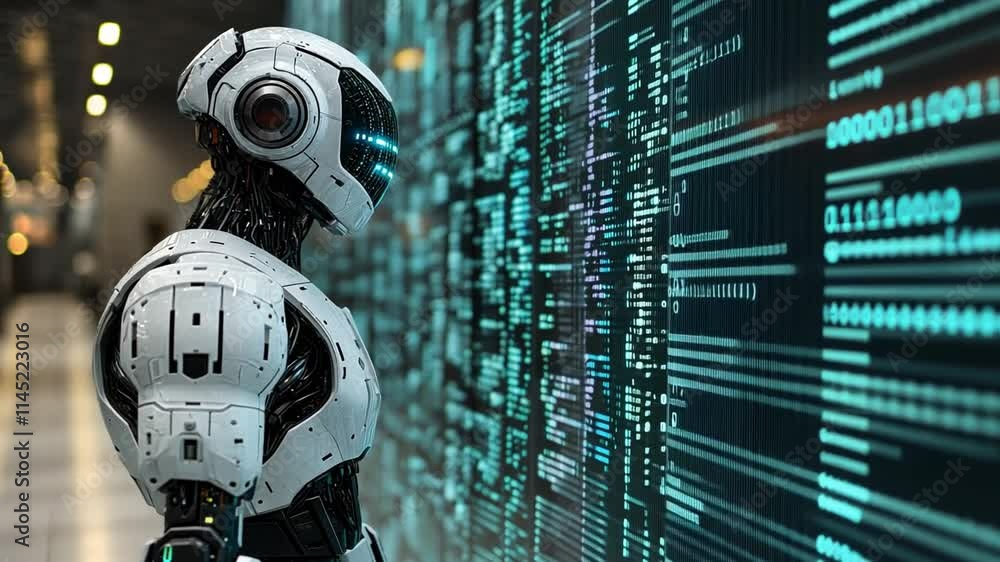 Poster robotic figure interacting with a digital interface in a futuristic environment