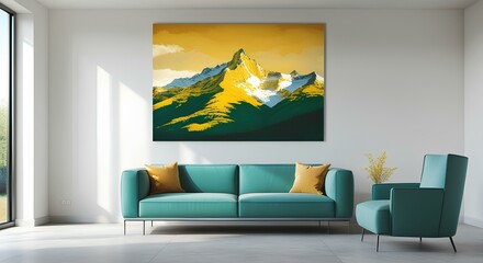 Modern Living Room Featuring Teal Sofa and Abstract Yellow Mountain Landscape