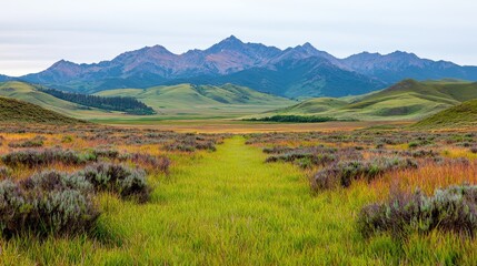 Serene mountain vista with grassy foreground.