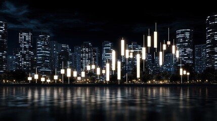 Fototapeta premium Dynamic financial charts depict market trends against a bustling city skyline illuminated by night lights, showcasing modern business activity