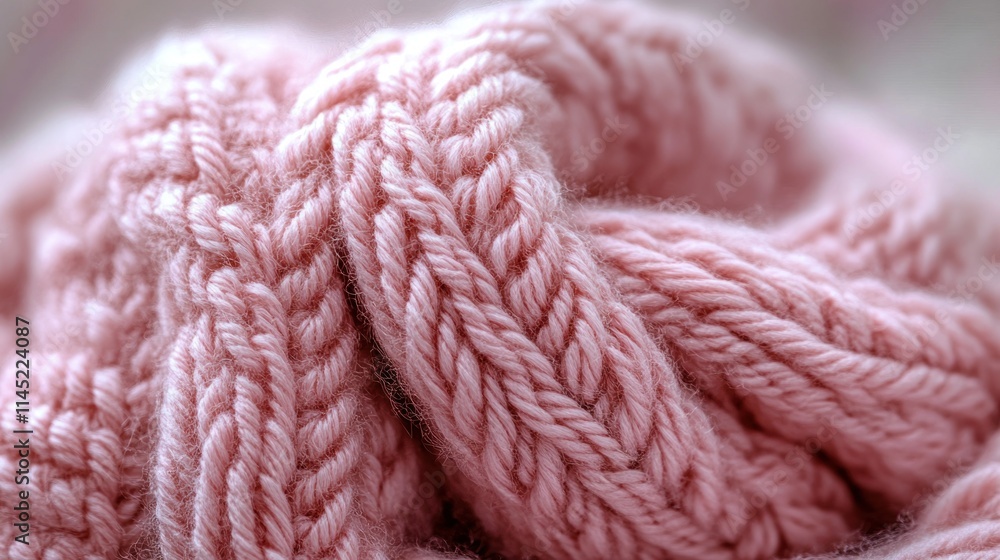Poster A close-up of soft pink knitted fabric showcasing intricate patterns and textures.