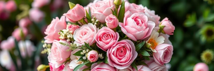 Fototapeta premium A fresh arrangement of pink peonies and roses on a white background with space for text, bouquet, summer, romantic