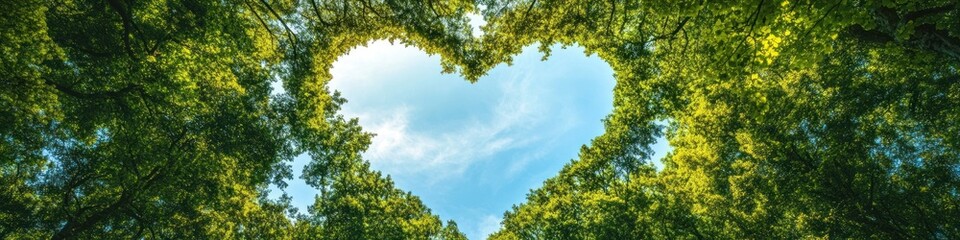 Fototapeta premium A heart-shaped gap in the forest canopy revealing a clear blue sky, symbolizing love for nature.