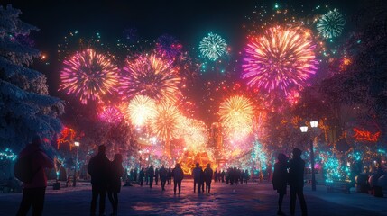 Crowd watching vibrant fireworks display in a snowy park at night.