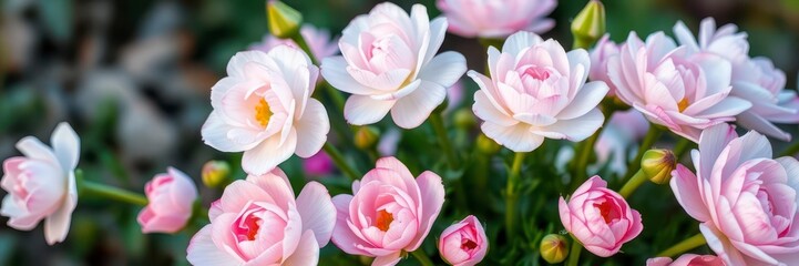 Fototapeta premium Close-up of beautiful pink and white ranunculus flowers in full bloom surrounded by green leaves, pink, garden