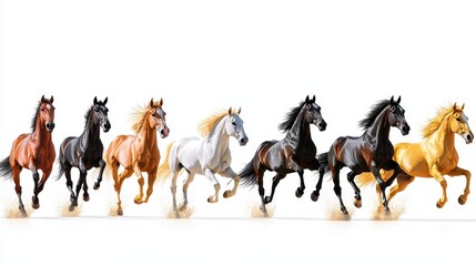 Obraz premium A variety of silhouettes of horses in full run, capturing dynamic energy, arranged aesthetically on a bright white background.