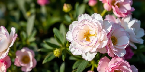 Close-up of delicate pink and white ranunculus flowers blooming in a garden, ranunculus, floral