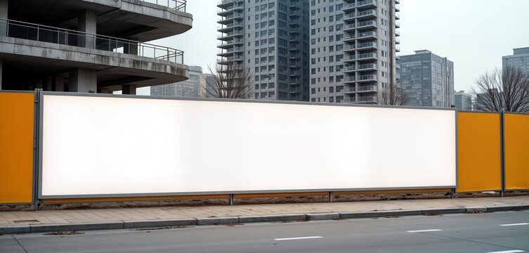 Blank hoarding on construction site near city buildings. Empty white billboard for advertisement. Urban setting. Outdoor low angle view. Construction project advertising space. Mockup for marketing