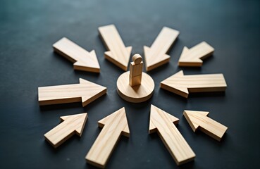 Conceptual image shows wooden figure surrounded by multiple wooden arrows. Image represents customer centricity concept. Arrows symbolize client focus. Business success, customer satisfaction