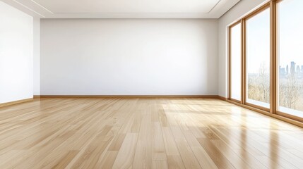 Bright, empty living room featuring light wood flooring and a panoramic window offering a stunning view