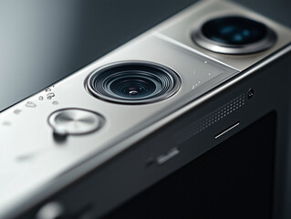 Fototapeta premium Macro close-up of a modern digital camera lens and control dials