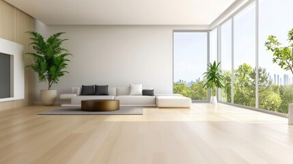 Fototapeta premium Bright, open-plan modern living room with wooden floors, an elegant rug, and indoor plants adding freshness.